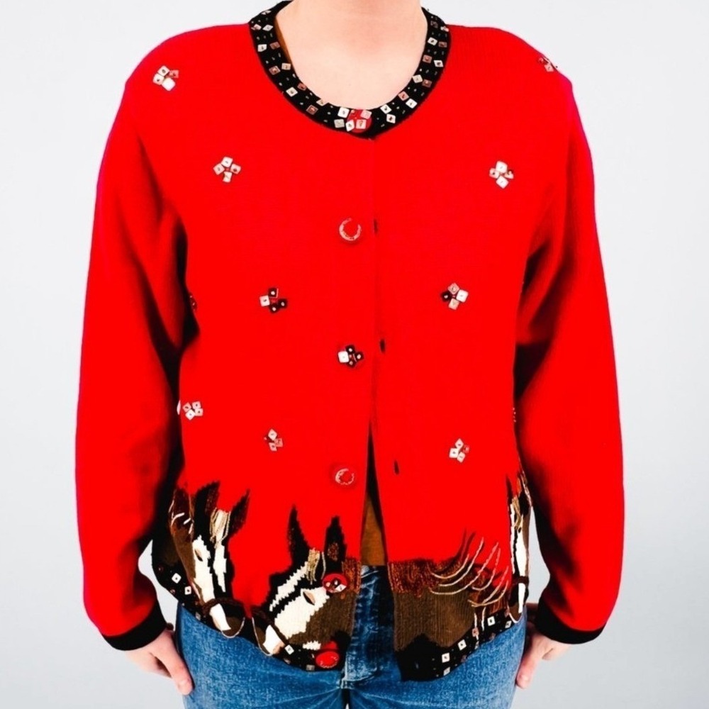 Just B Vintage Red Horse Equestrian Beaded Sequin Cardigan Sweater Womens Large